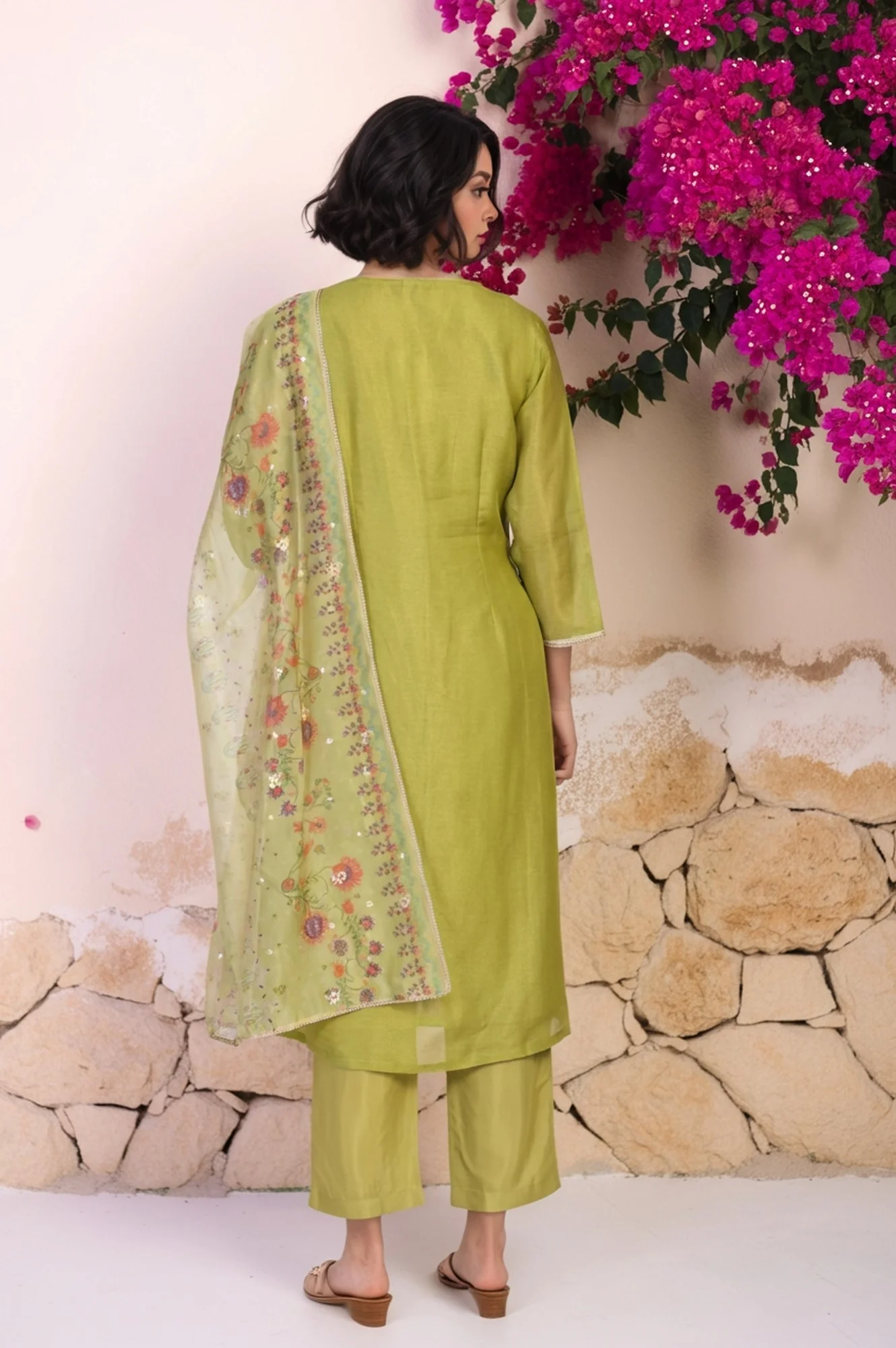 Green Floral Embroidered A-Line Tissue Kurta with Straight Pant and Dupatta Set - Image 5