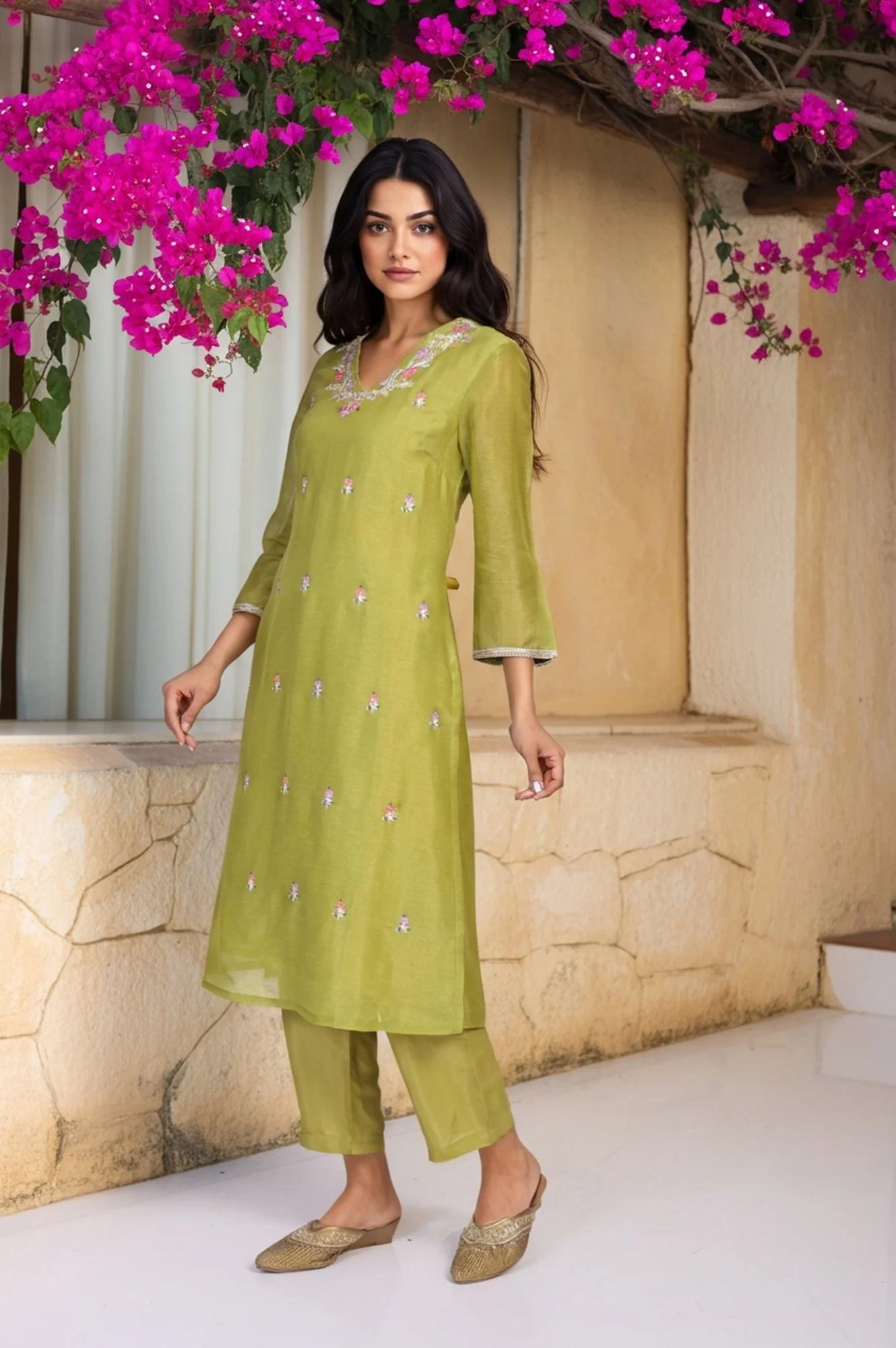 Green Floral Embroidered A-Line Tissue Kurta with Straight Pant and Dupatta Set - Image 6
