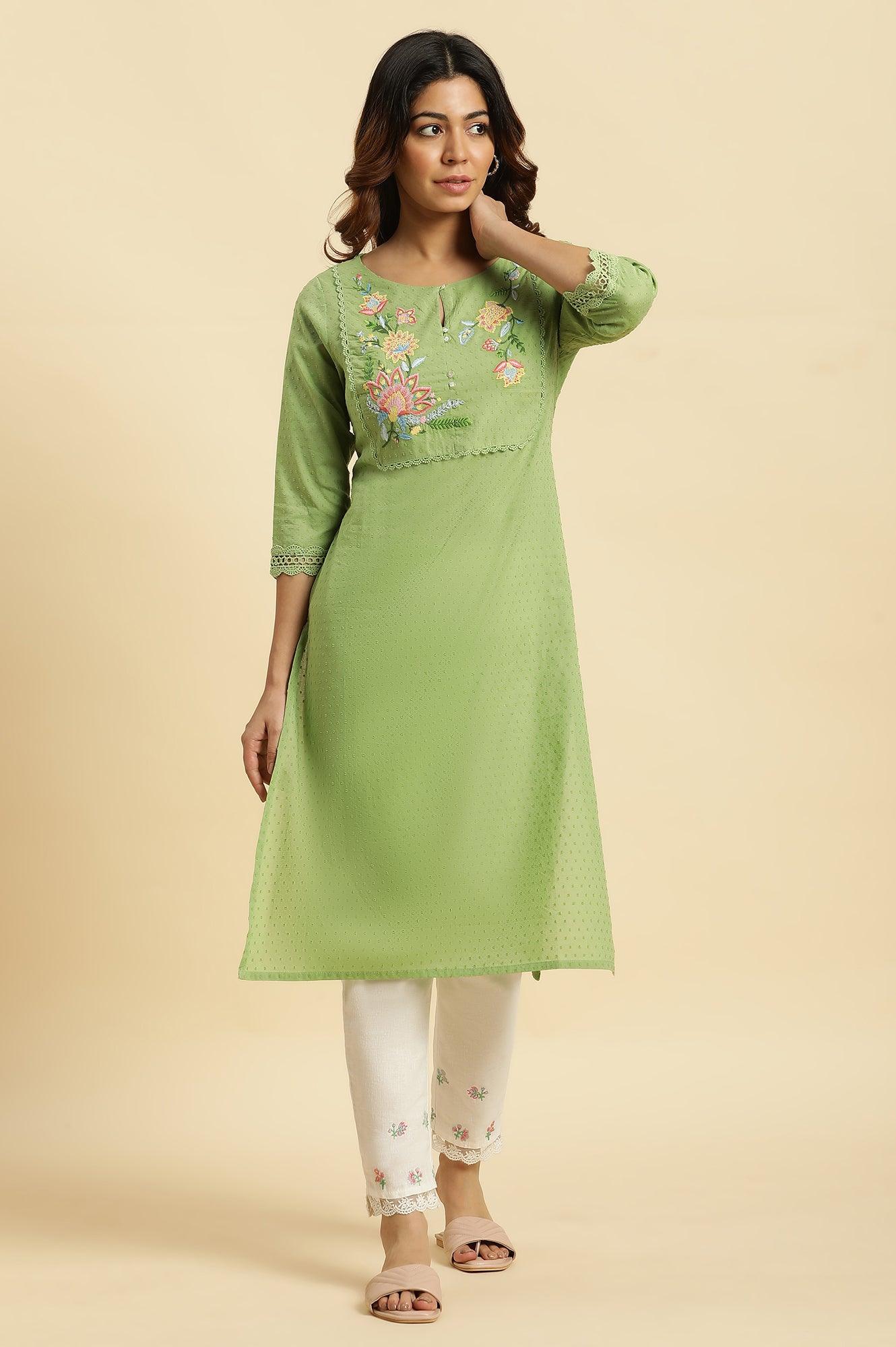 Green Floral Embroidered Cotton Kurta - Image 2