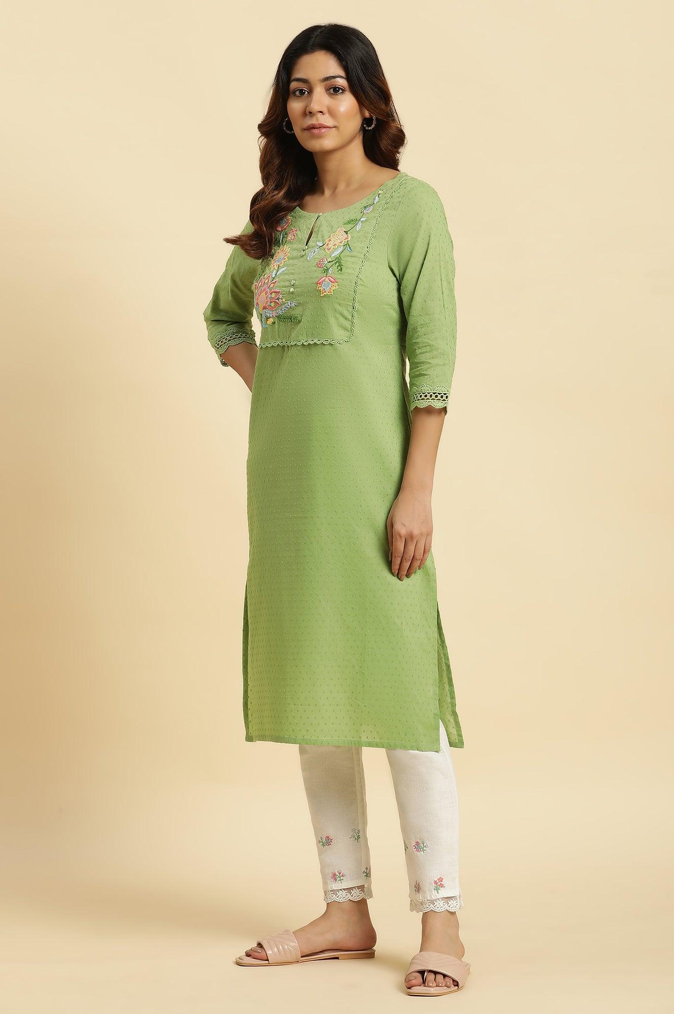 Green Floral Embroidered Cotton Kurta - Image 3