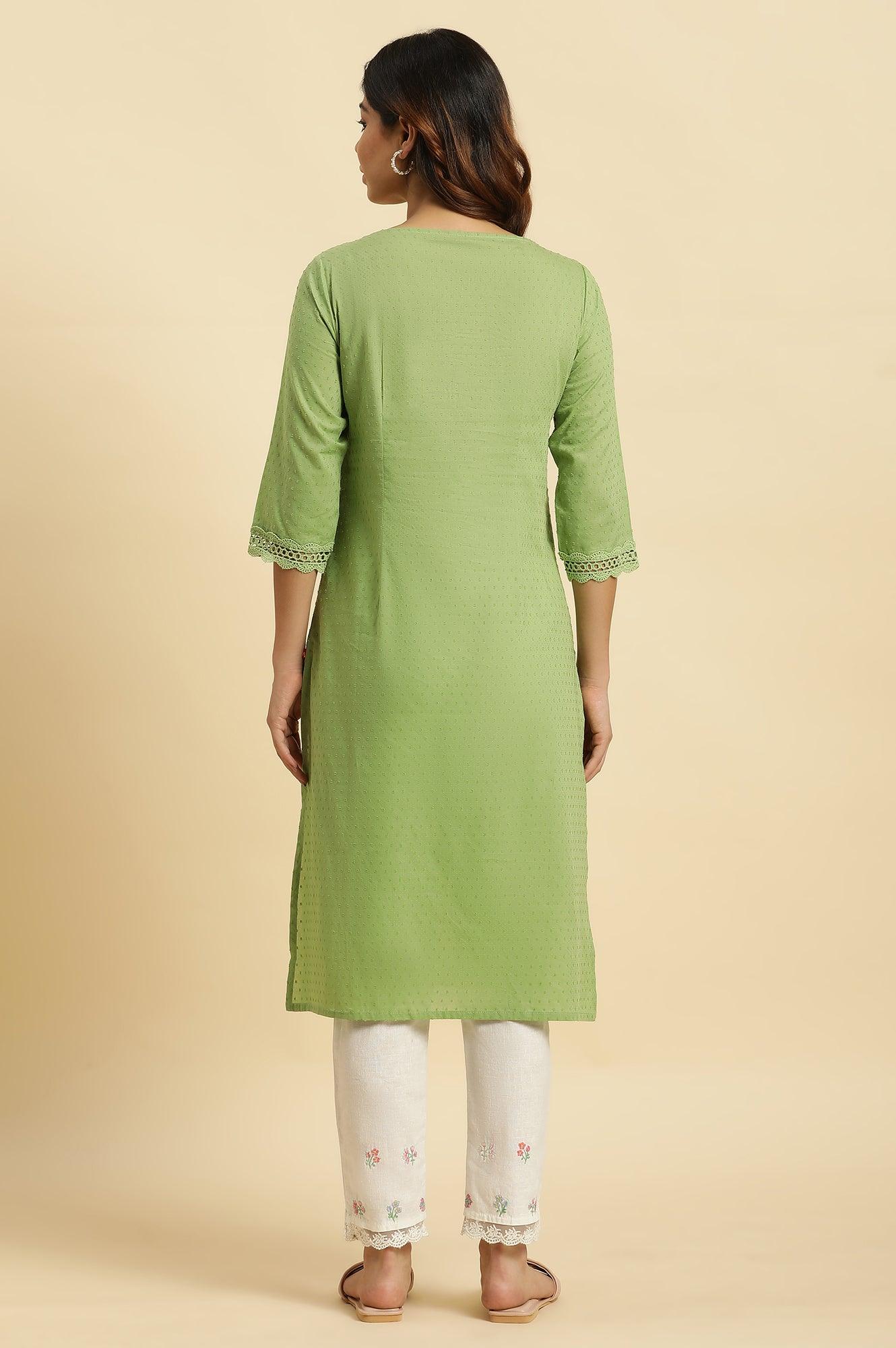 Green Floral Embroidered Cotton Kurta - Image 4