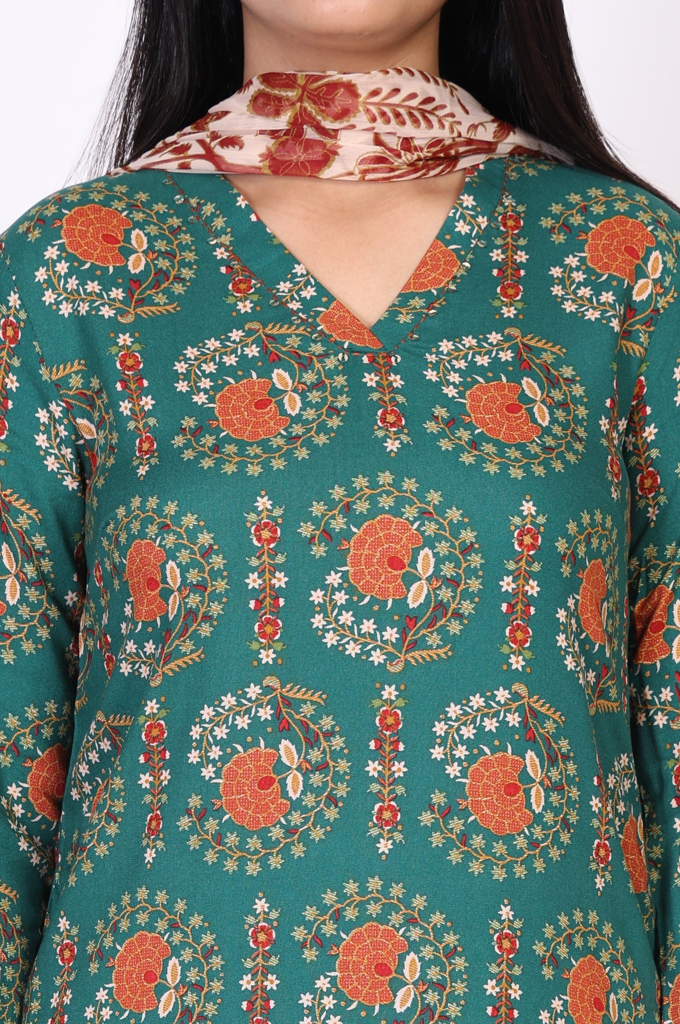 Green Floral Printed Straight Rayon Kurta with Trouser and Dupatta Set - Image 2