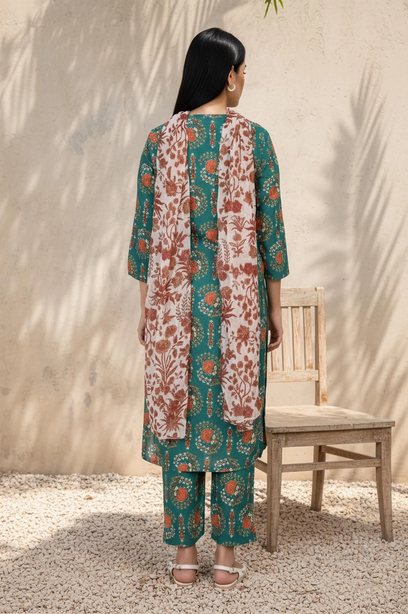 Green Floral Printed Straight Rayon Kurta with Trouser and Dupatta Set - Image 4
