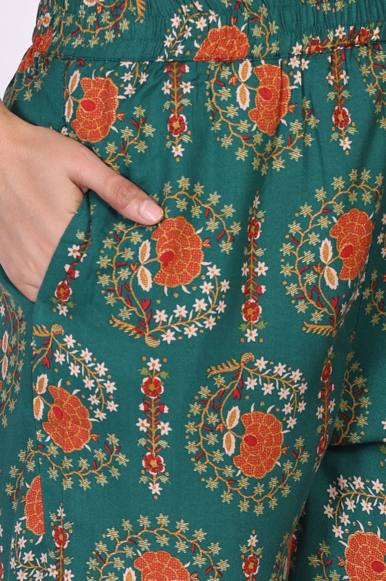 Green Floral Printed Straight Rayon Kurta with Trouser and Dupatta Set - Image 8