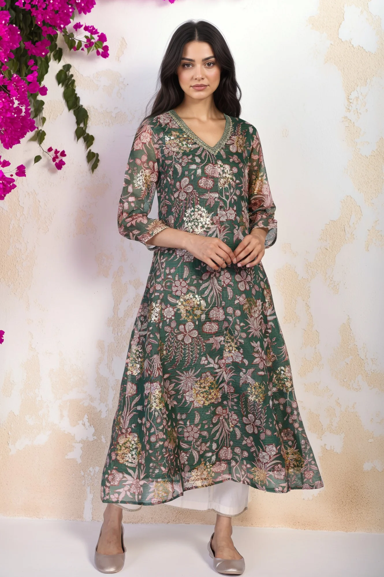 Green Floral Print Dori Embroidery Straight Kota Doria Kurta - Image 2