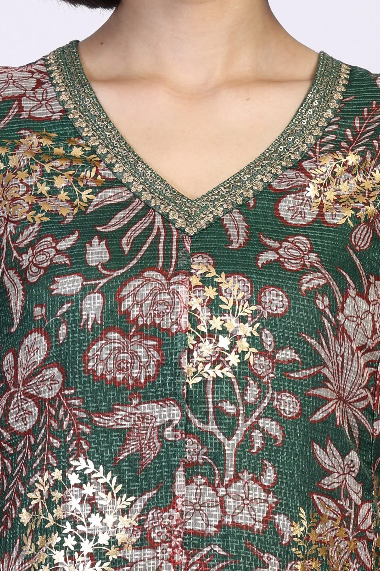 Green Floral Print Dori Embroidery Straight Kota Doria Kurta - Image 3