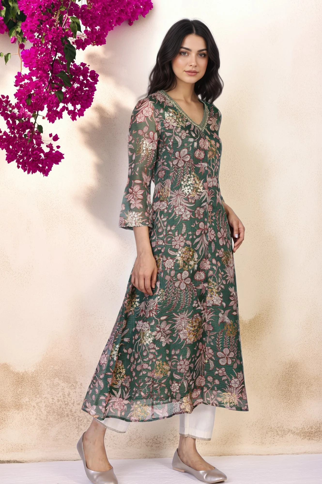 Green Floral Print Dori Embroidery Straight Kota Doria Kurta - Image 4