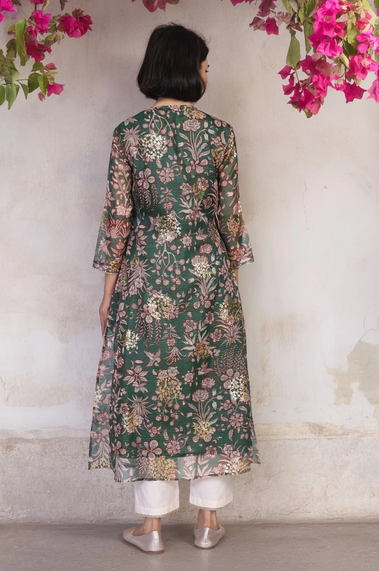 Green Floral Print Dori Embroidery Straight Kota Doria Kurta - Image 5