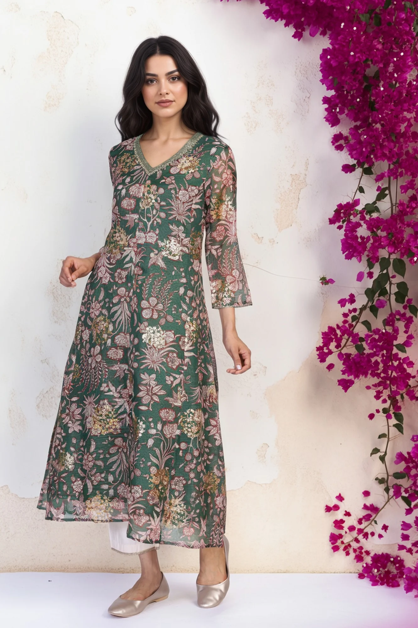 Green Floral Print Dori Embroidery Straight Kota Doria Kurta - Image 6