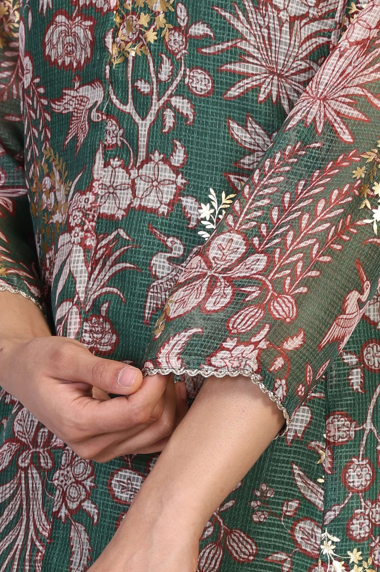 Green Floral Print Dori Embroidery Straight Kota Doria Kurta - Image 7