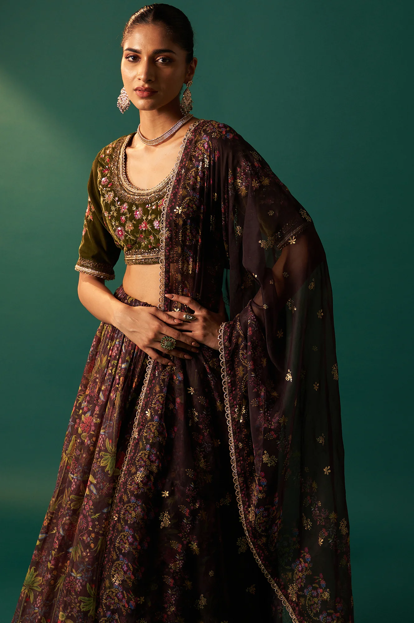 Green Embroidered Velvet Blouse with Floral Printed Skirt and Dupatta Set - Image 2