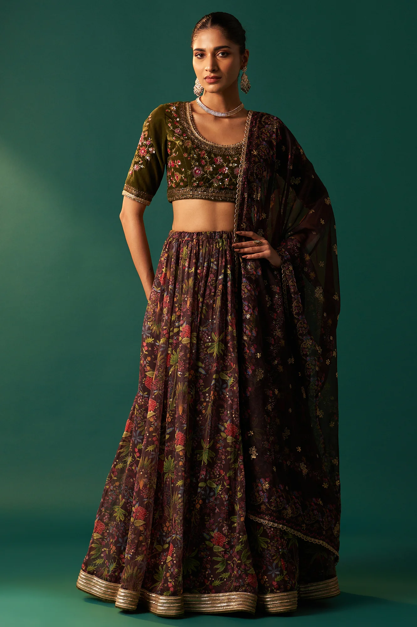 Green Embroidered Velvet Blouse with Floral Printed Skirt and Dupatta Set - Image 3
