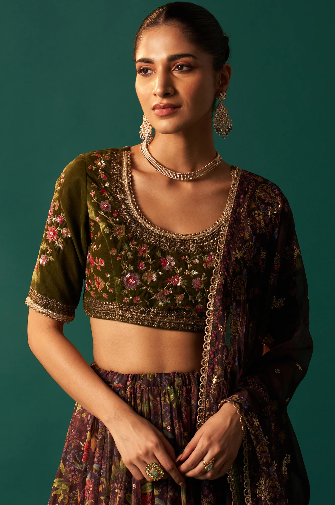 Green Embroidered Velvet Blouse with Floral Printed Skirt and Dupatta Set - Image 4