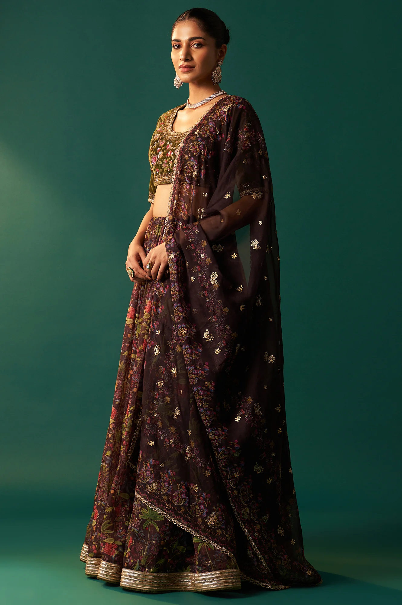 Green Embroidered Velvet Blouse with Floral Printed Skirt and Dupatta Set - Image 5