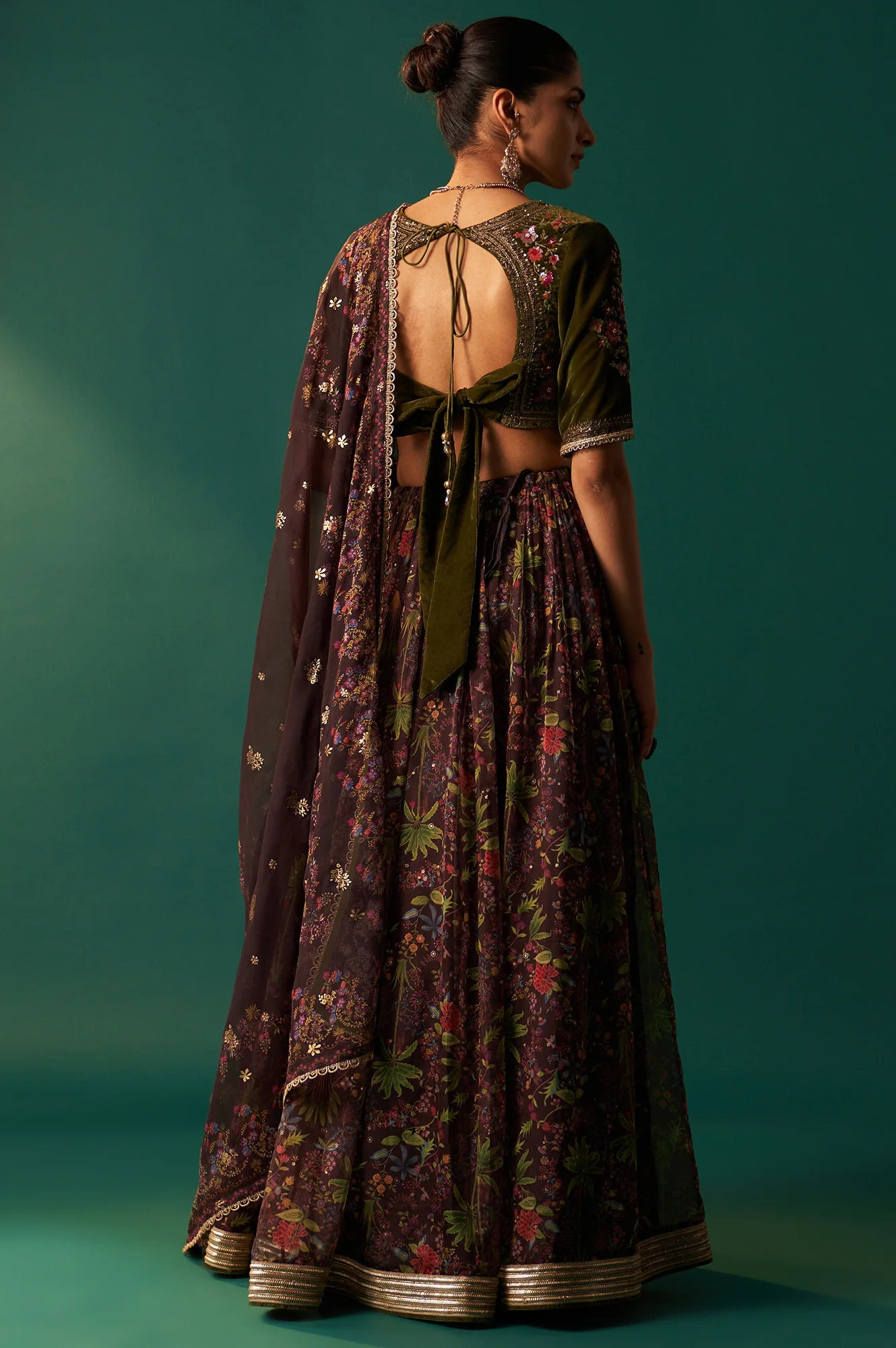 Green Embroidered Velvet Blouse with Floral Printed Skirt and Dupatta Set - Image 6