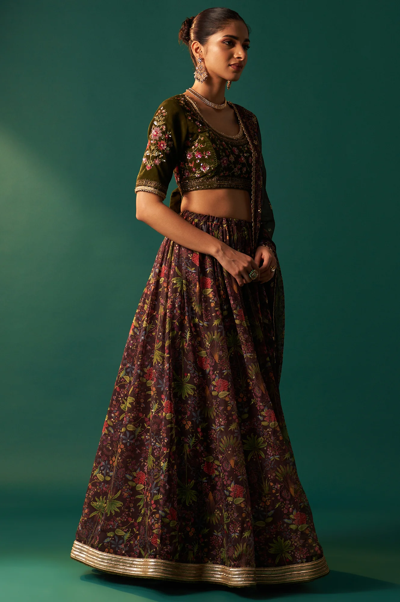 Green Embroidered Velvet Blouse with Floral Printed Skirt and Dupatta Set - Image 7
