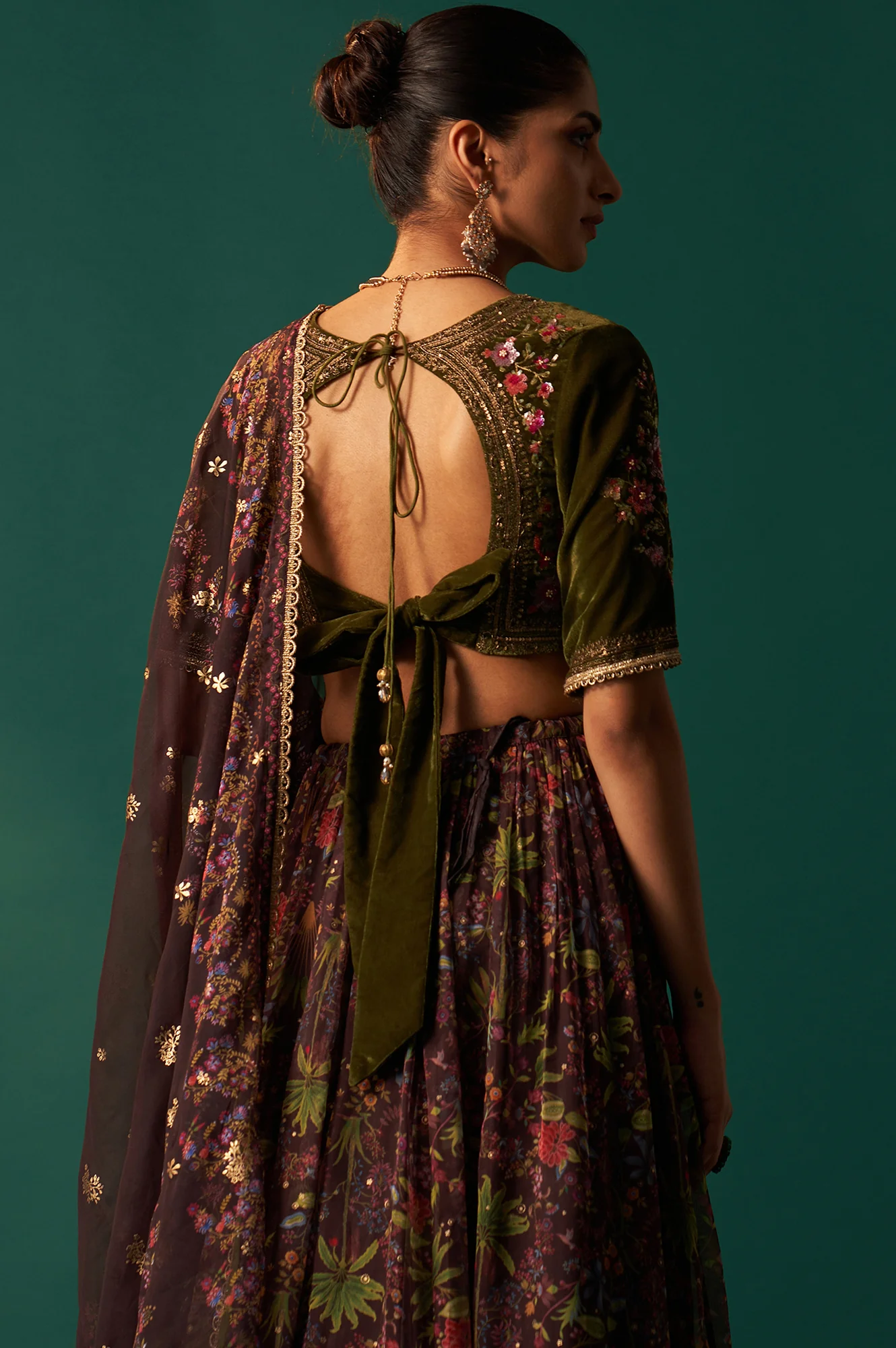 Green Embroidered Velvet Blouse with Floral Printed Skirt and Dupatta Set - Image 8