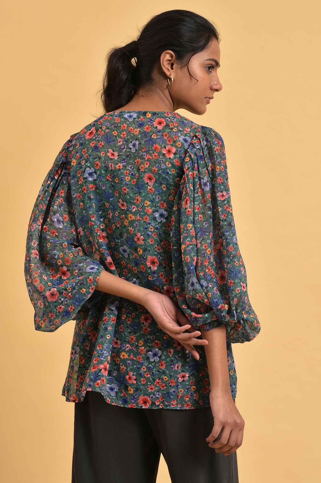 Green Floral Printed Georgette Top with Puffy Sleeves - Image 2