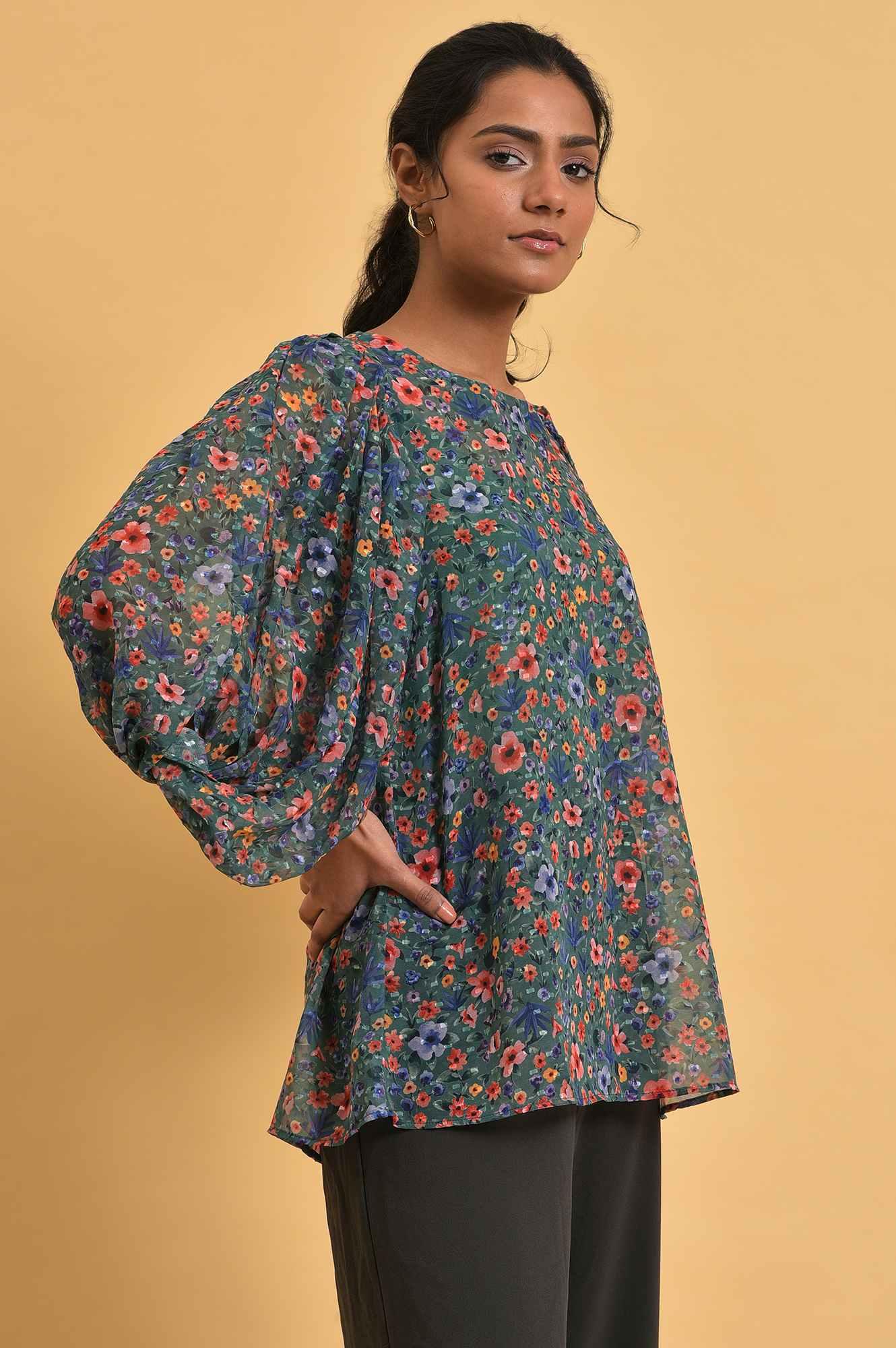Green Floral Printed Georgette Top with Puffy Sleeves - Image 4