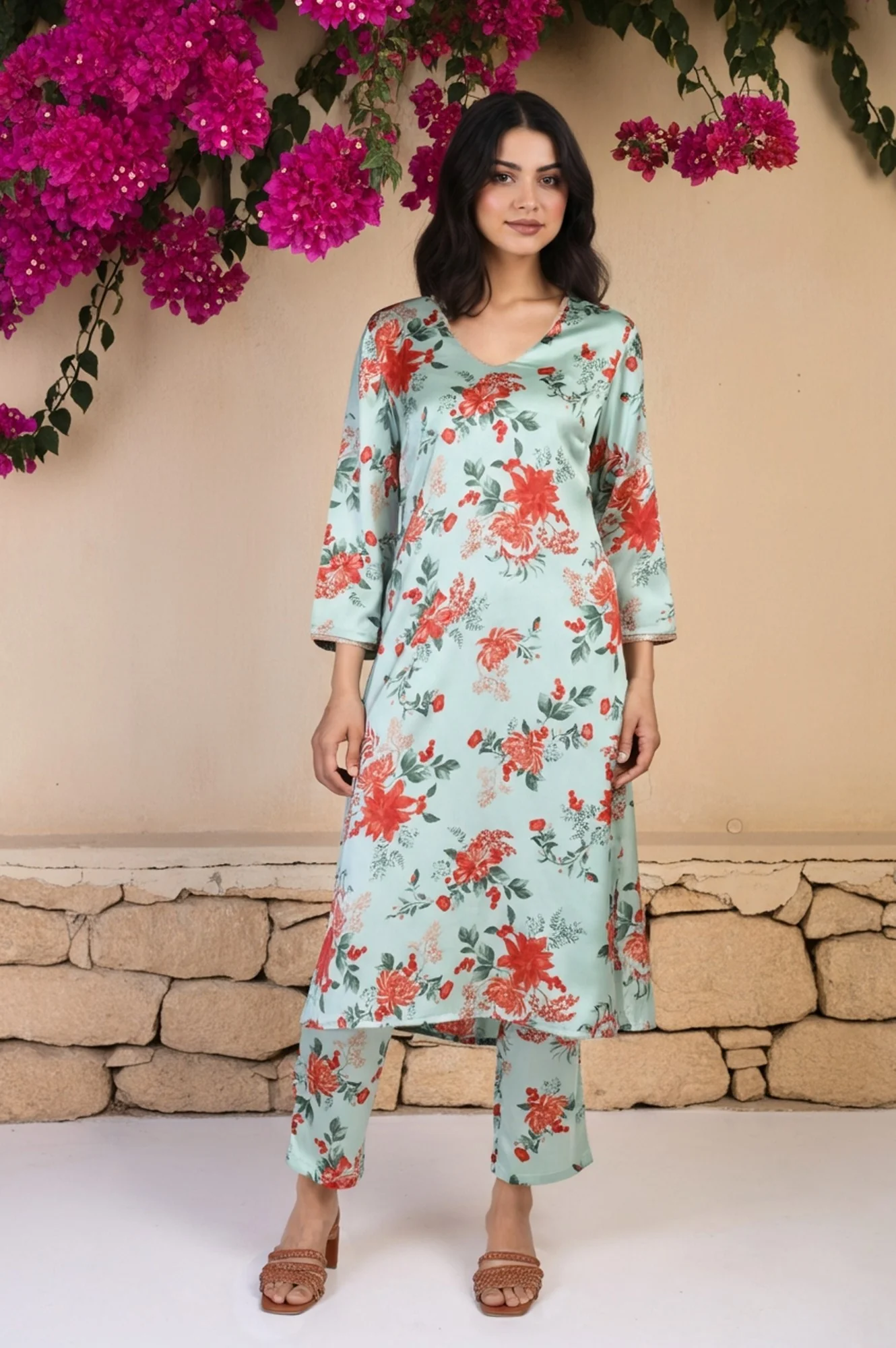 Green Floral Print Sequined A-Line Satin Kurta with Straight Pant