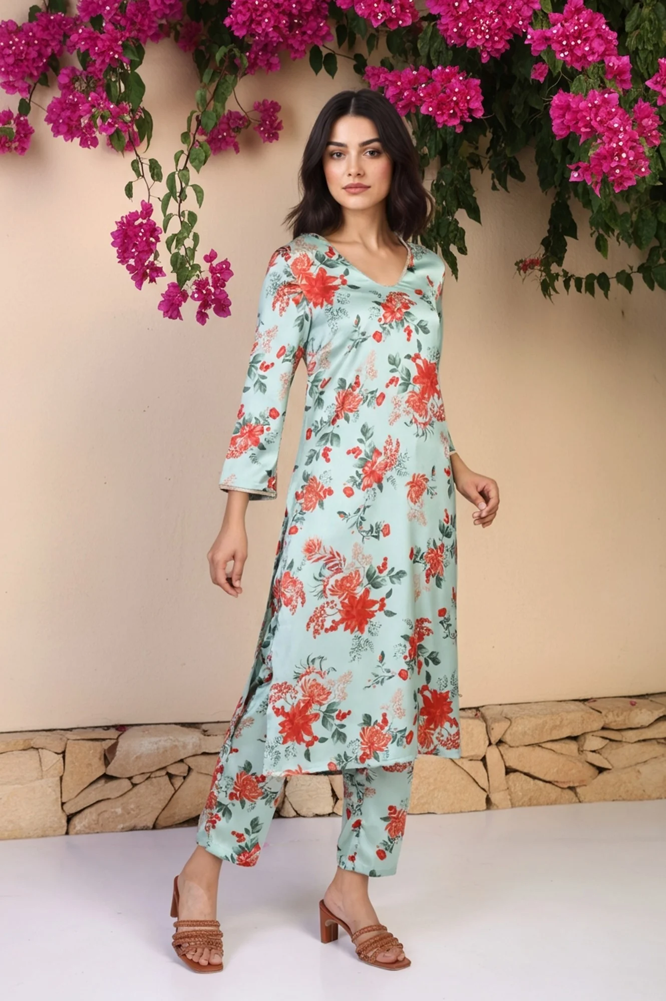 Green Floral Print Sequined A-Line Satin Kurta with Straight Pant - Image 4