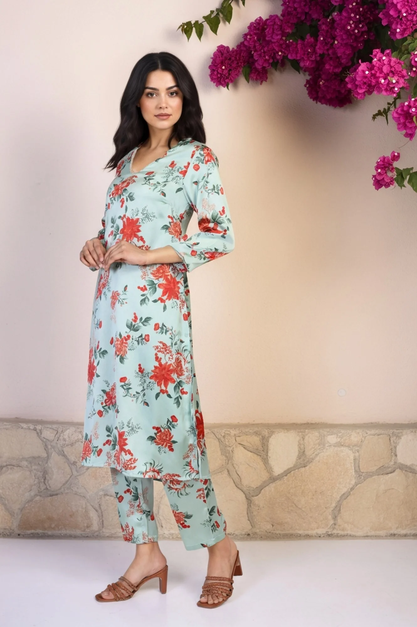Green Floral Print Sequined A-Line Satin Kurta with Straight Pant - Image 6