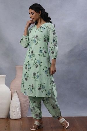 Green Floral Printed A-Line Kurta, Pants and Dupatta Set - Image 3