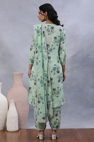 Green Floral Printed A-Line Kurta, Pants and Dupatta Set - Image 4