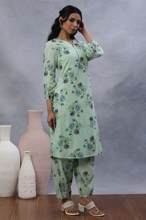 Green Floral Printed A-Line Kurta, Pants and Dupatta Set - Image 5