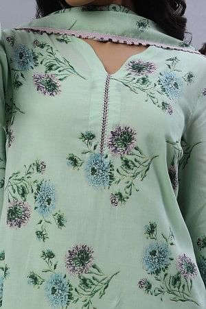 Green Floral Printed A-Line Kurta, Pants and Dupatta Set - Image 7