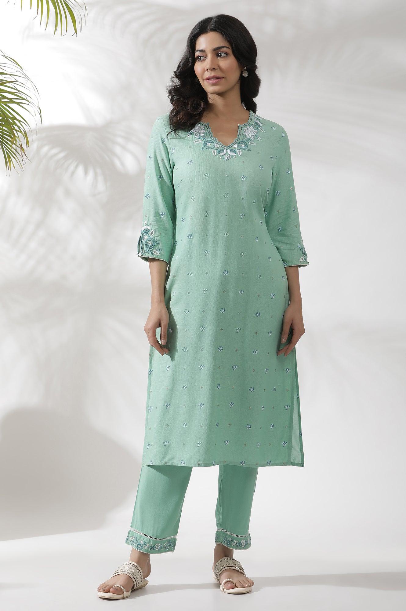 Green Floral Printed And Embroidered Kurta