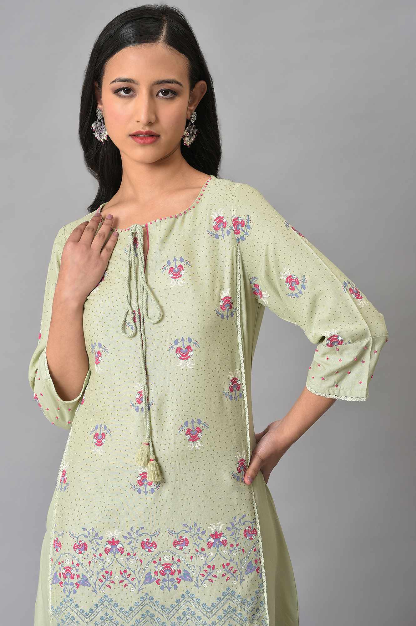 Green Floral Printed Beads Rayon A-Line Kurta and Straight Pant Set - Image 2