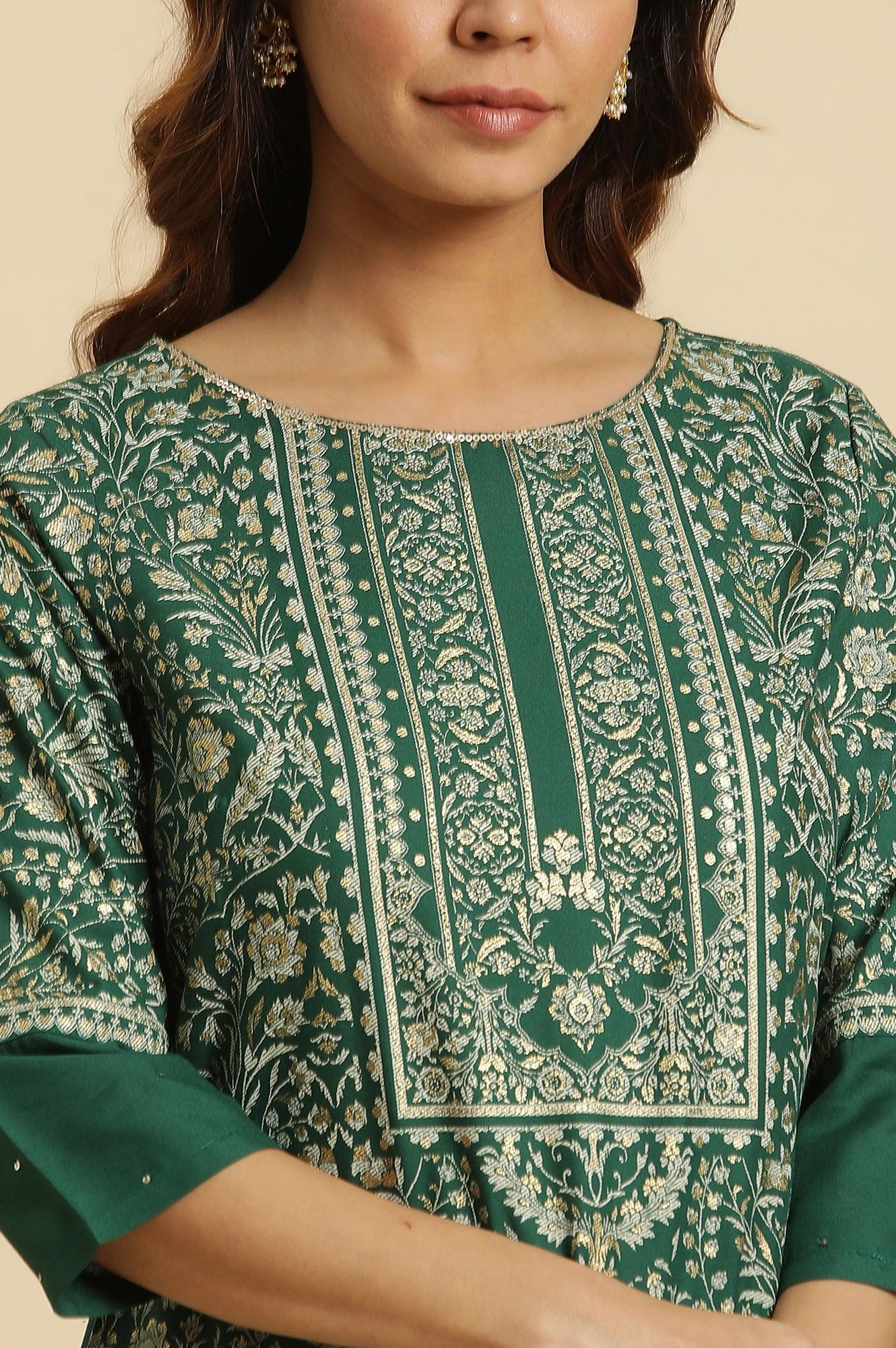 Green Floral Printed Embellished Kurta - Image 6