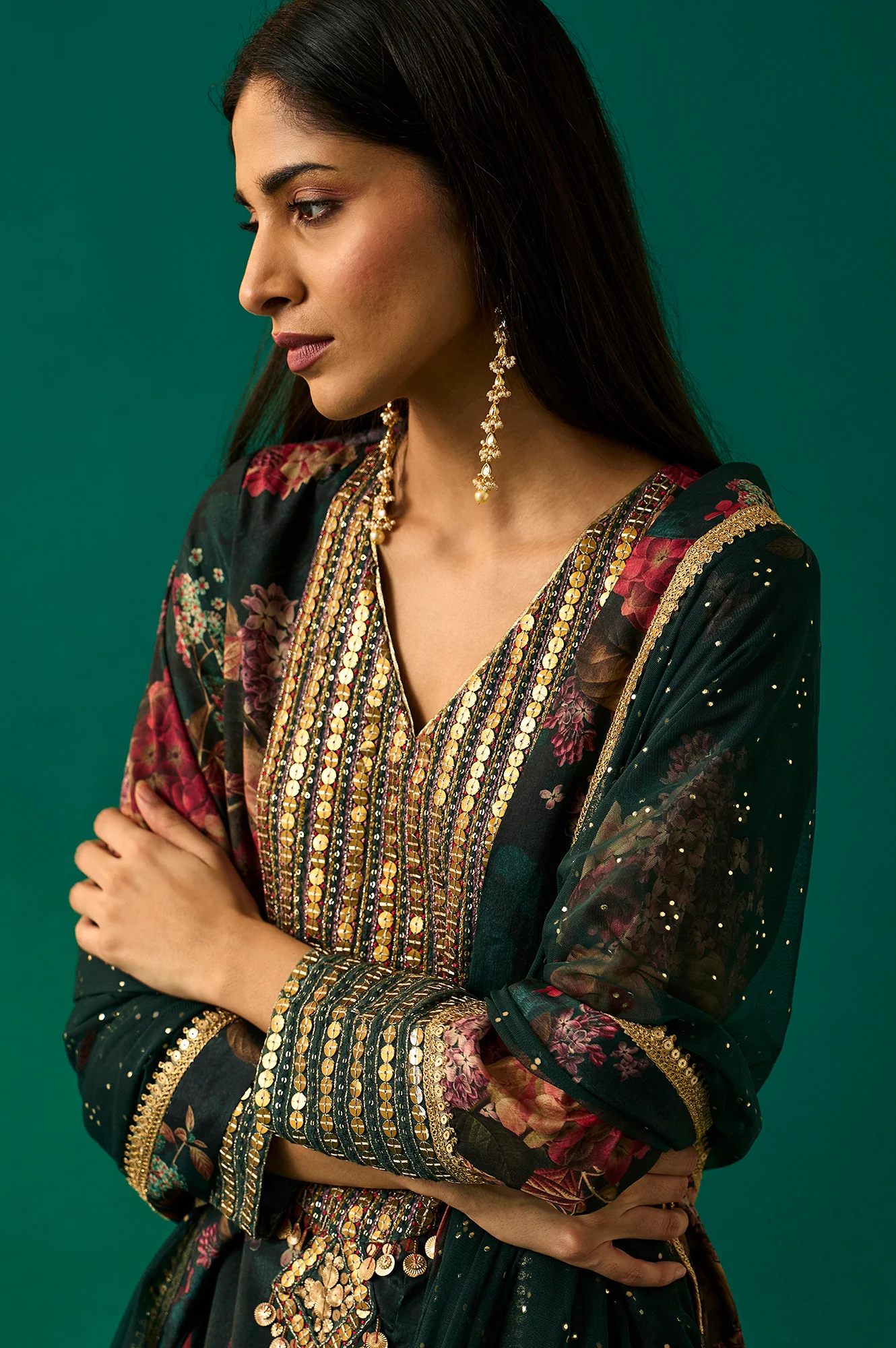 Green Floral Printed Embellished Straight Kurta with Salwar and Dupatta Set - Image 2