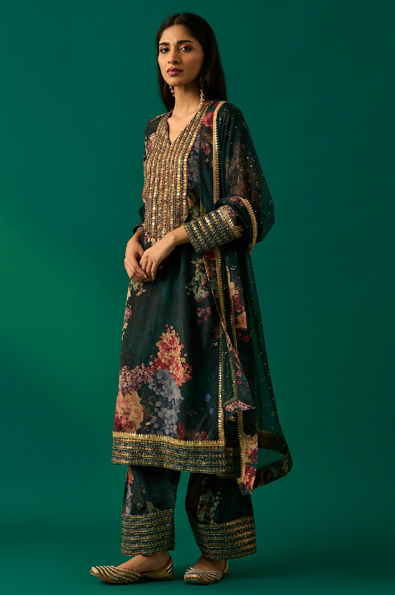 Green Floral Printed Embellished Straight Kurta with Salwar and Dupatta Set - Image 3