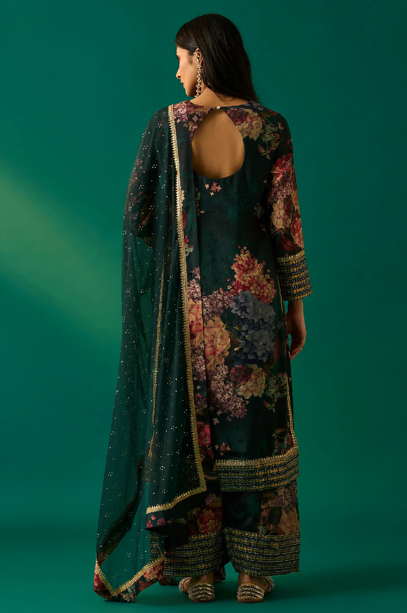 Green Floral Printed Embellished Straight Kurta with Salwar and Dupatta Set - Image 4