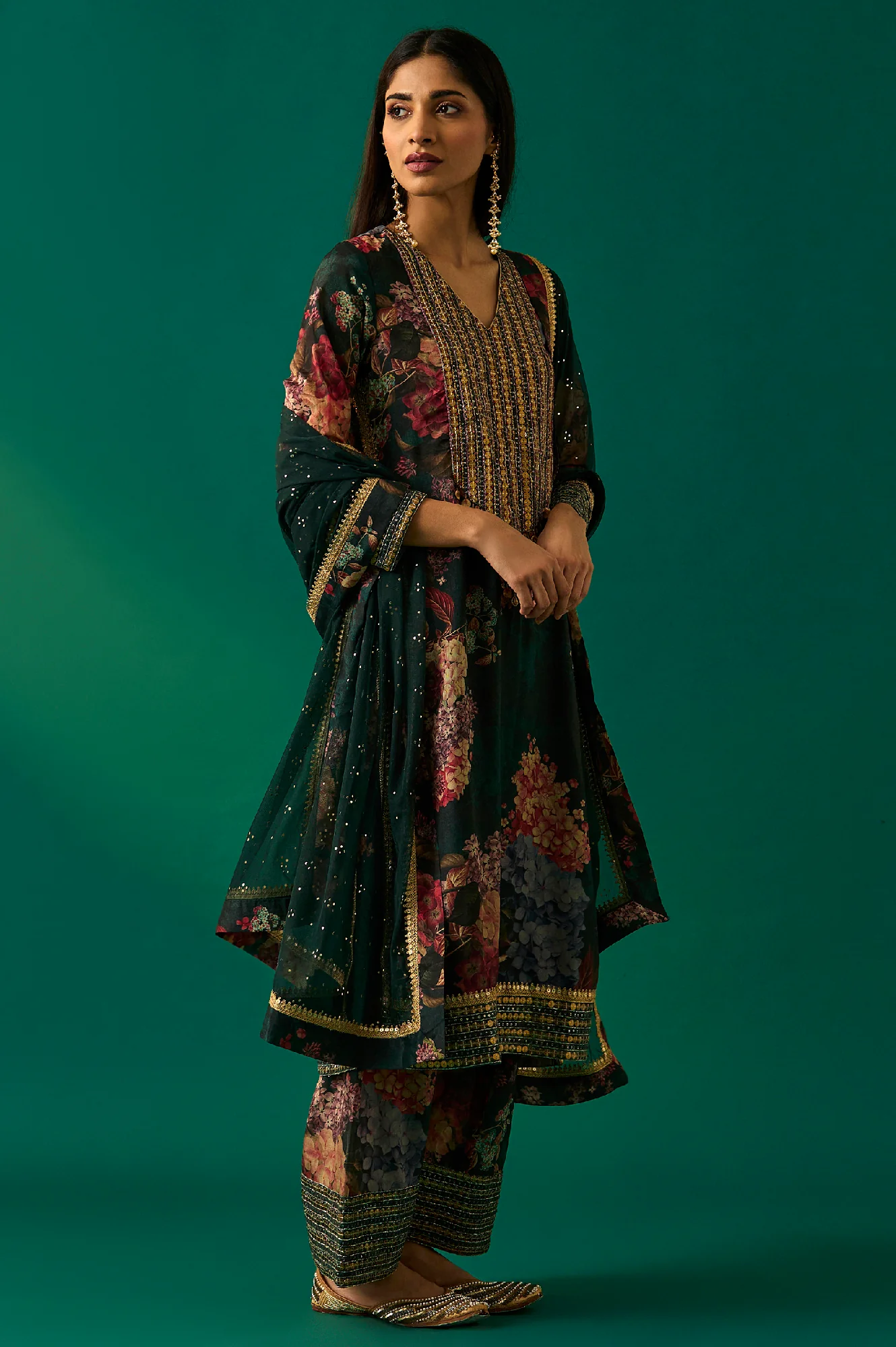 Green Floral Printed Embellished Straight Kurta with Salwar and Dupatta Set - Image 5