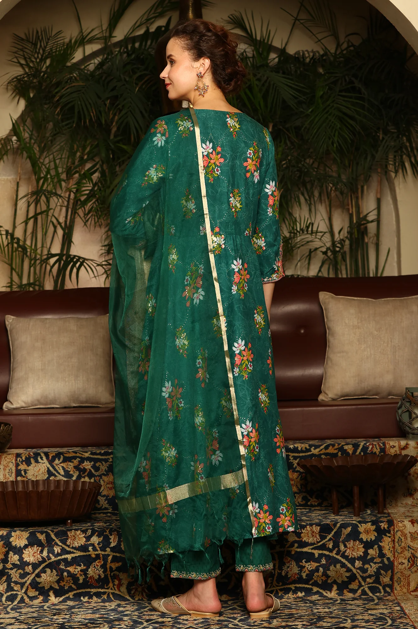 Green Floral Printed Embroidered Flared Kurta, Pants And Dupatta Set - Image 5