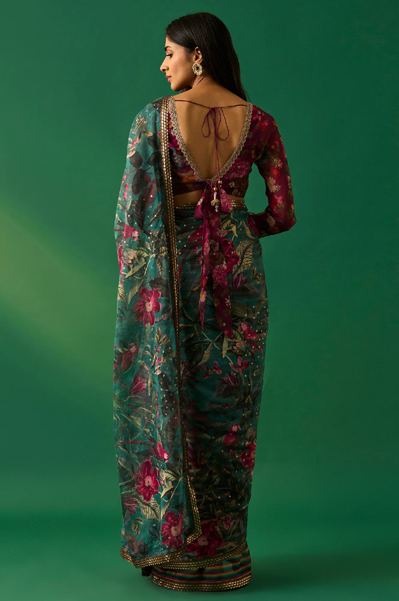 Green Floral Printed Embroidered Sequined Organza Saree with Unstitched Blouse - Image 4