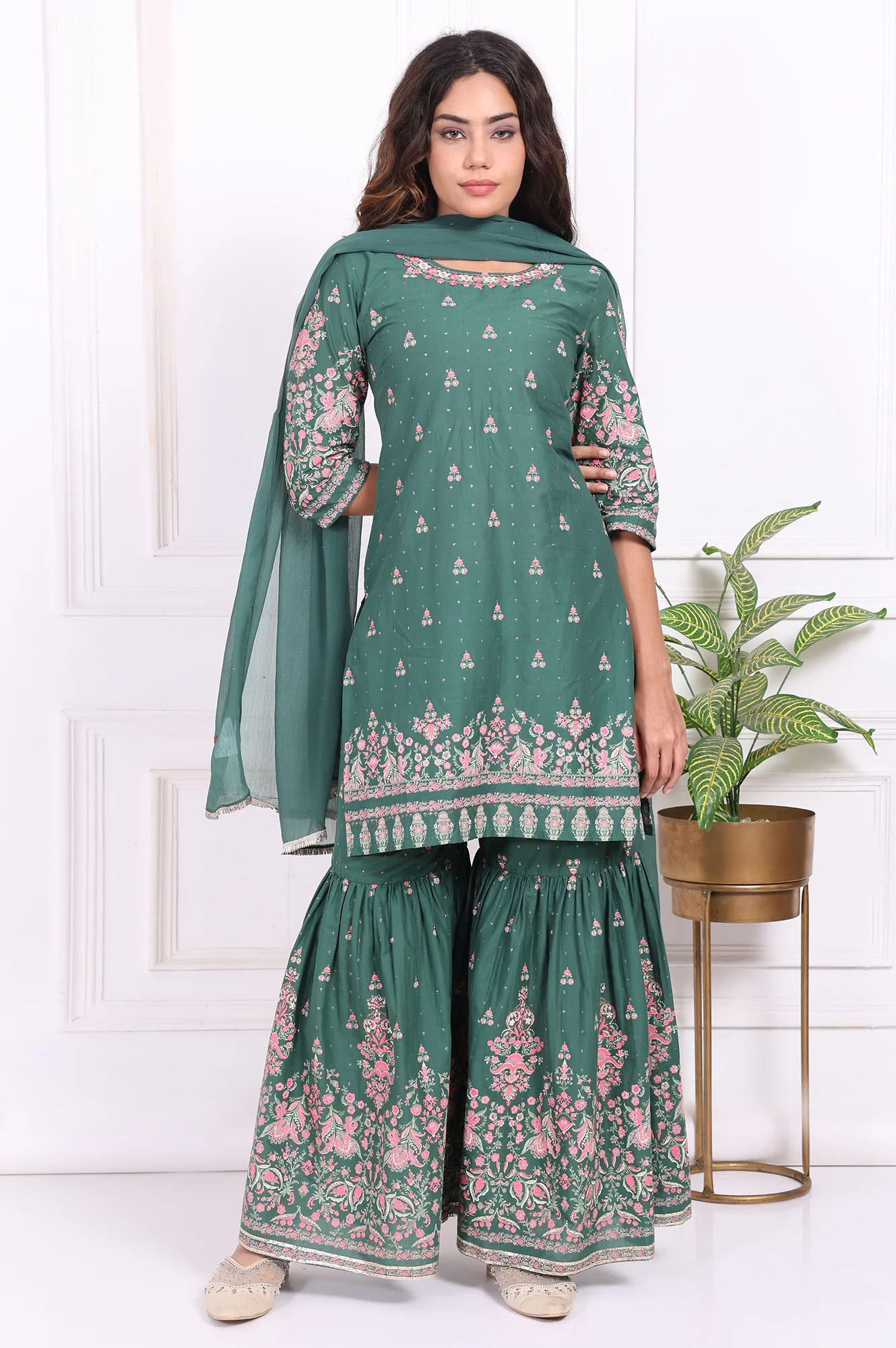 Green Floral Printed Embroidered Straight Cotton Kurta with Sharara and Dupatta Set - Image 2