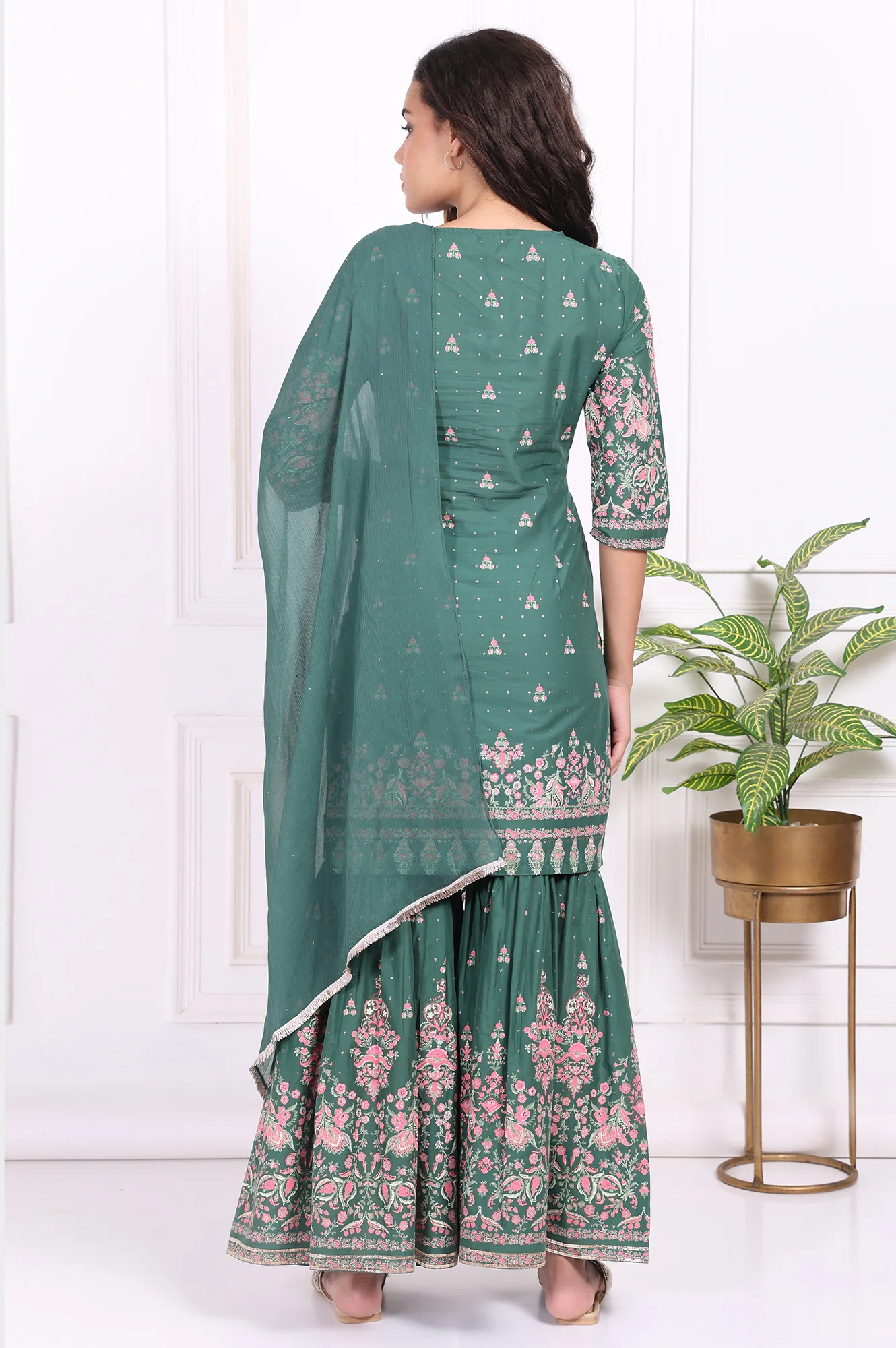 Green Floral Printed Embroidered Straight Cotton Kurta with Sharara and Dupatta Set - Image 5