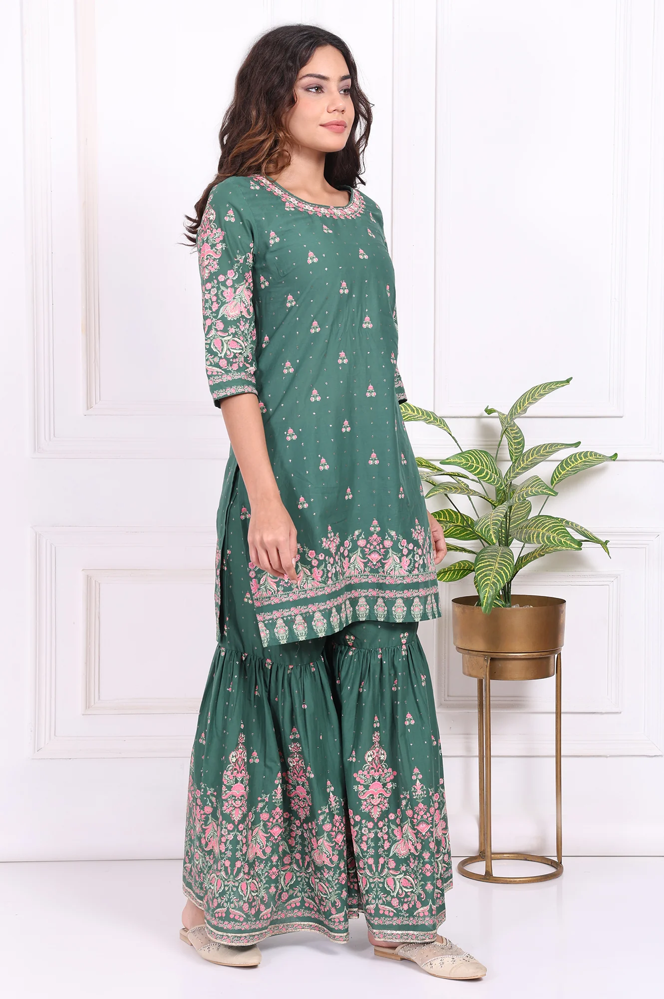 Green Floral Printed Embroidered Straight Cotton Kurta with Sharara and Dupatta Set - Image 6