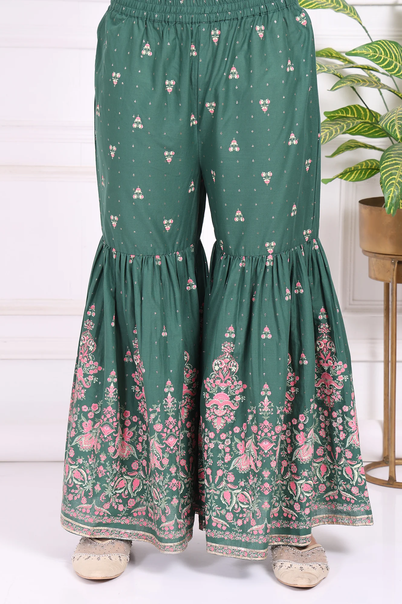 Green Floral Printed Embroidered Straight Cotton Kurta with Sharara and Dupatta Set - Image 8