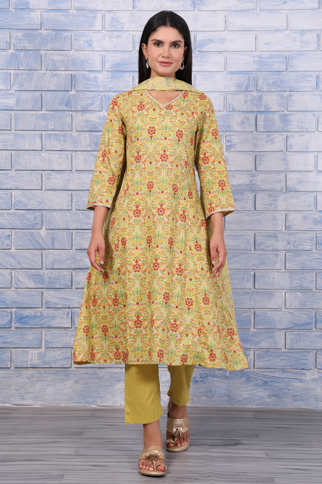 Green Floral Printed Lace Pure Cotton Flared Kurta, Straight Pant And Dupatta Set - Image 2