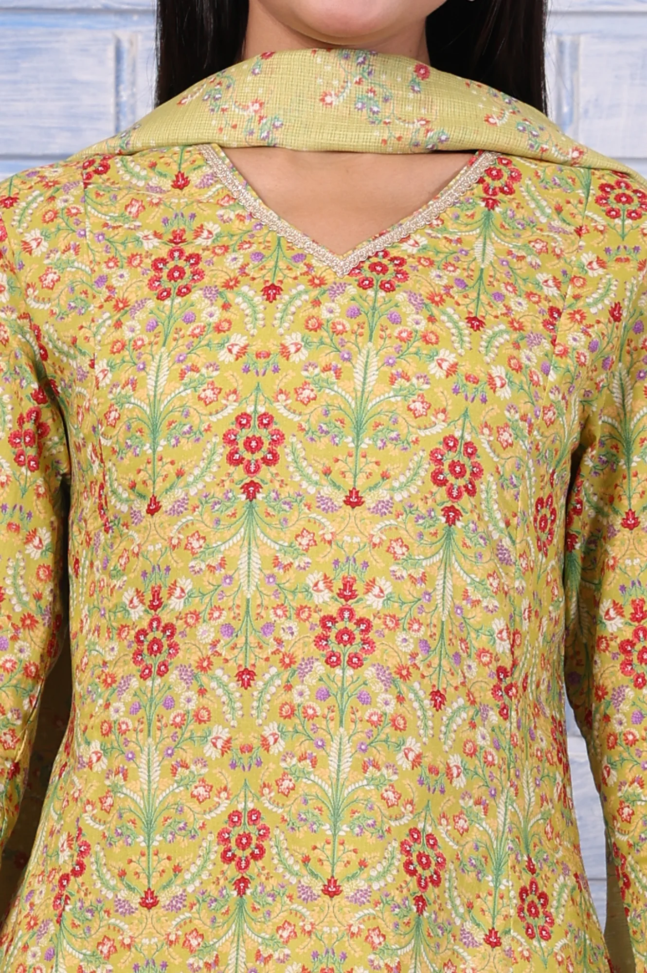 Green Floral Printed Lace Pure Cotton Flared Kurta, Straight Pant And Dupatta Set - Image 3