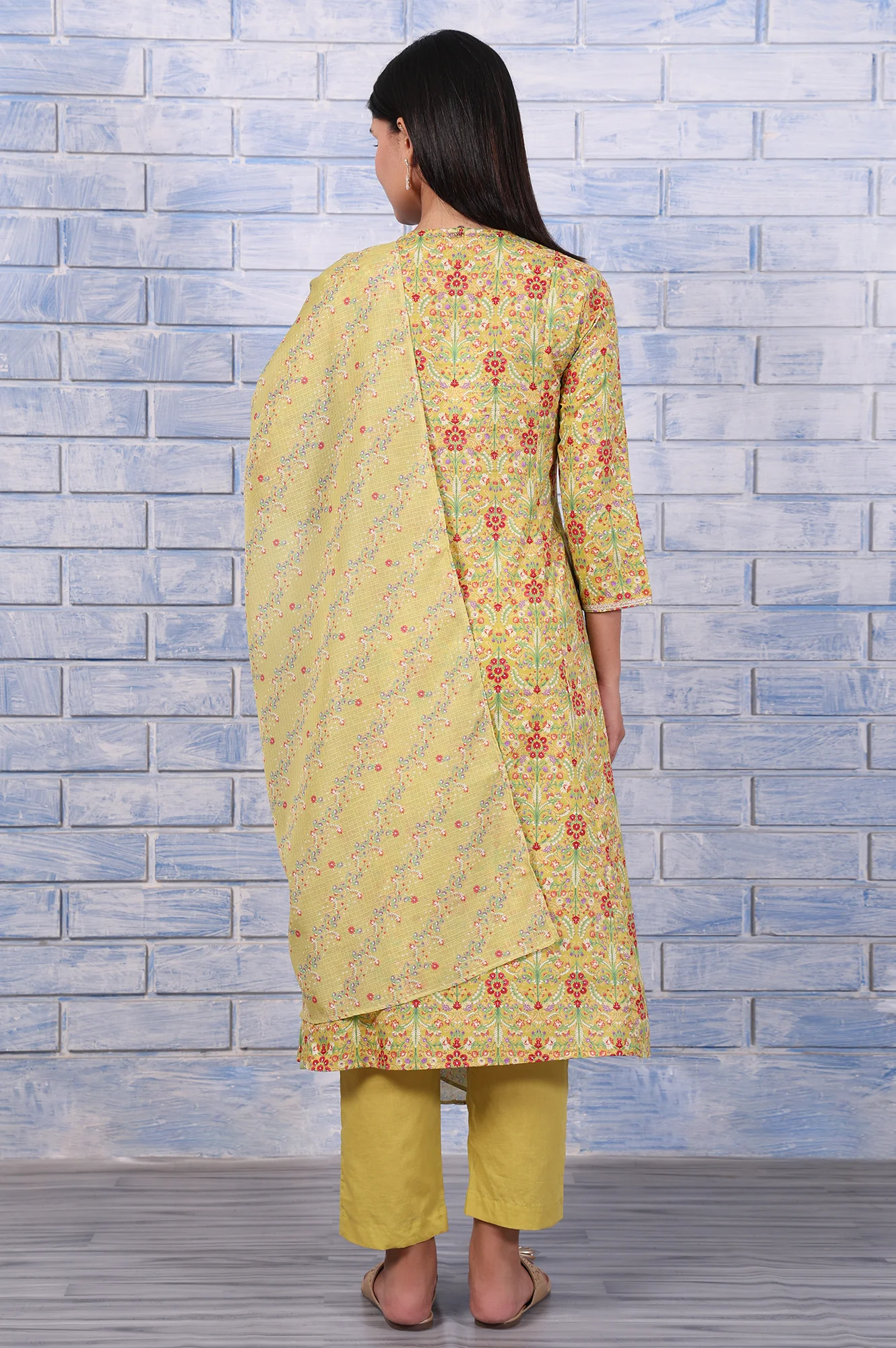 Green Floral Printed Lace Pure Cotton Flared Kurta, Straight Pant And Dupatta Set - Image 5