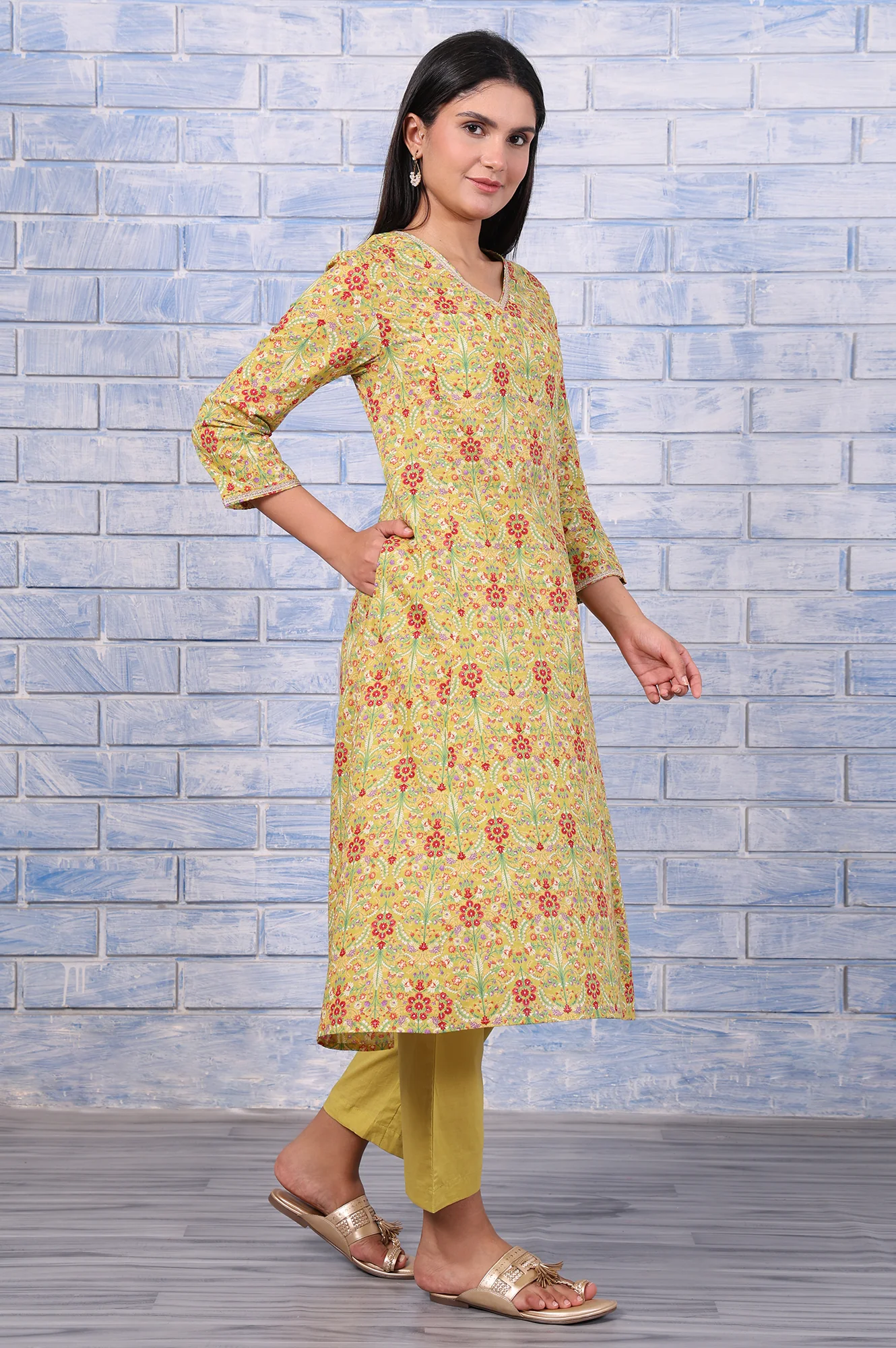 Green Floral Printed Lace Pure Cotton Flared Kurta, Straight Pant And Dupatta Set - Image 6
