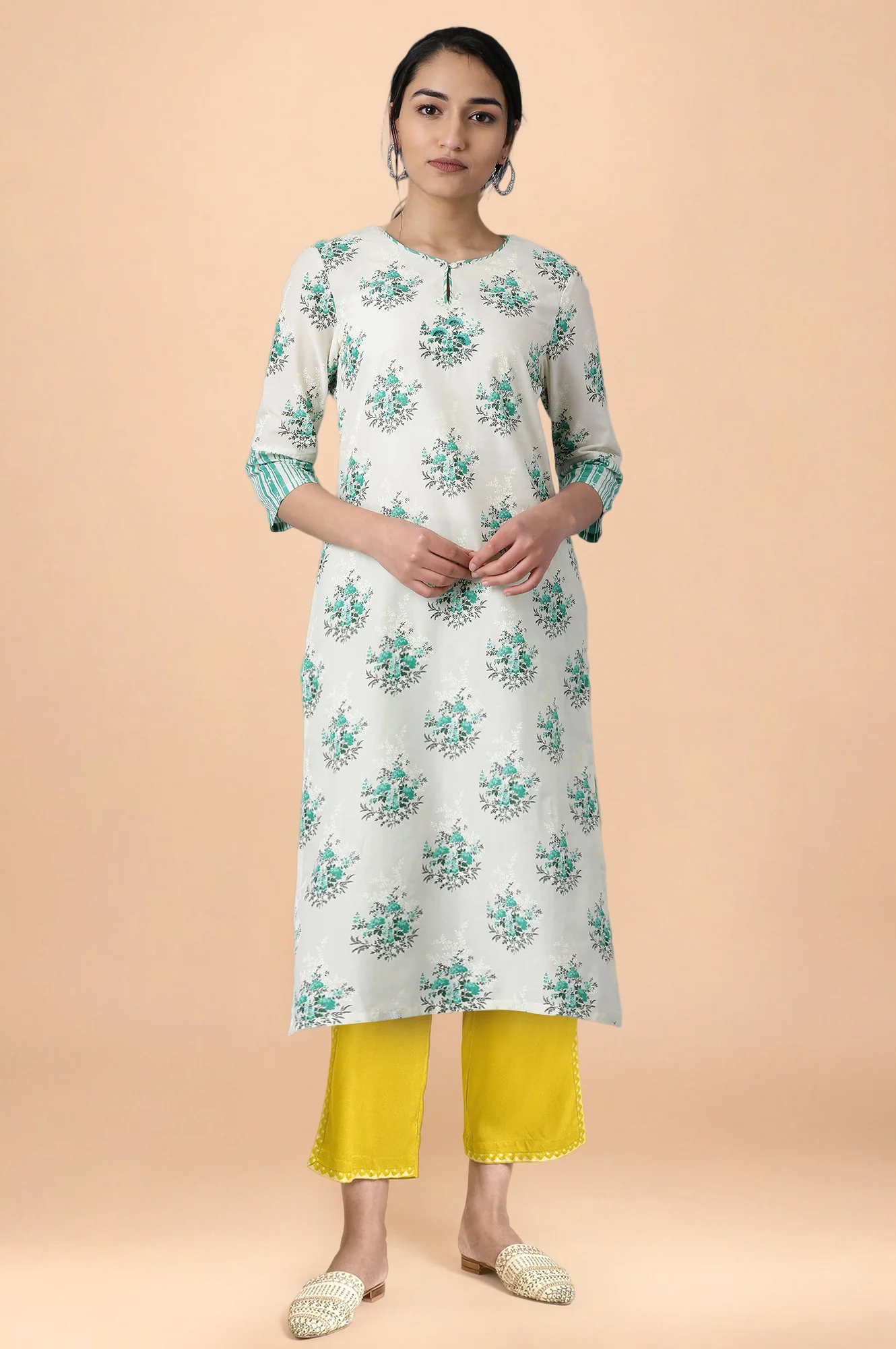 Green Floral Printed Lace Pure Cotton Straight Kurta and Straight Pant Set