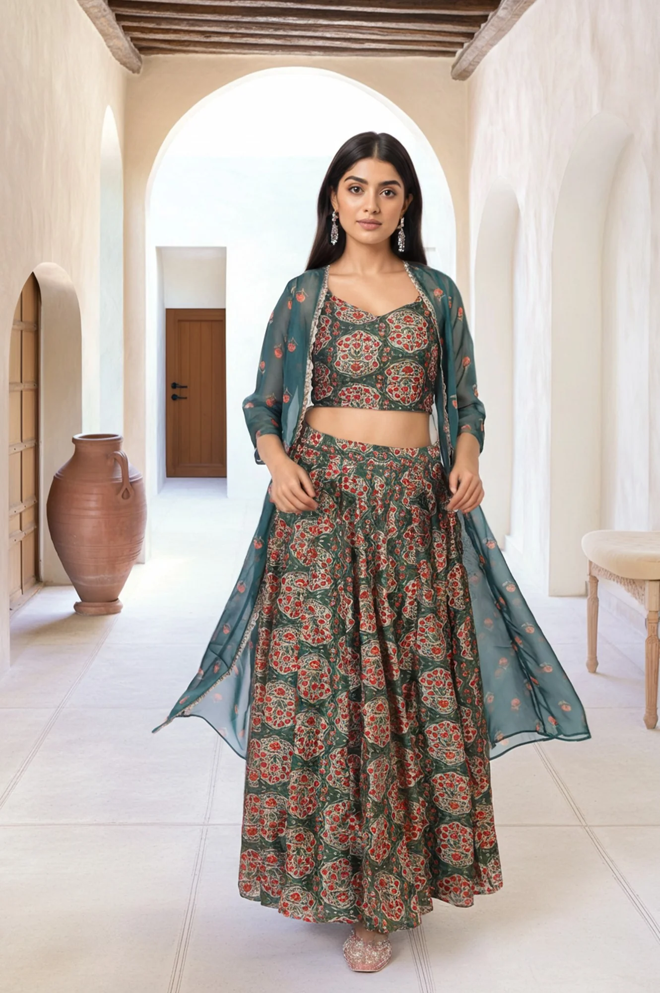 Green Floral Printed Lace Trim Organza Top with Skirt and Gillet Set - Image 2