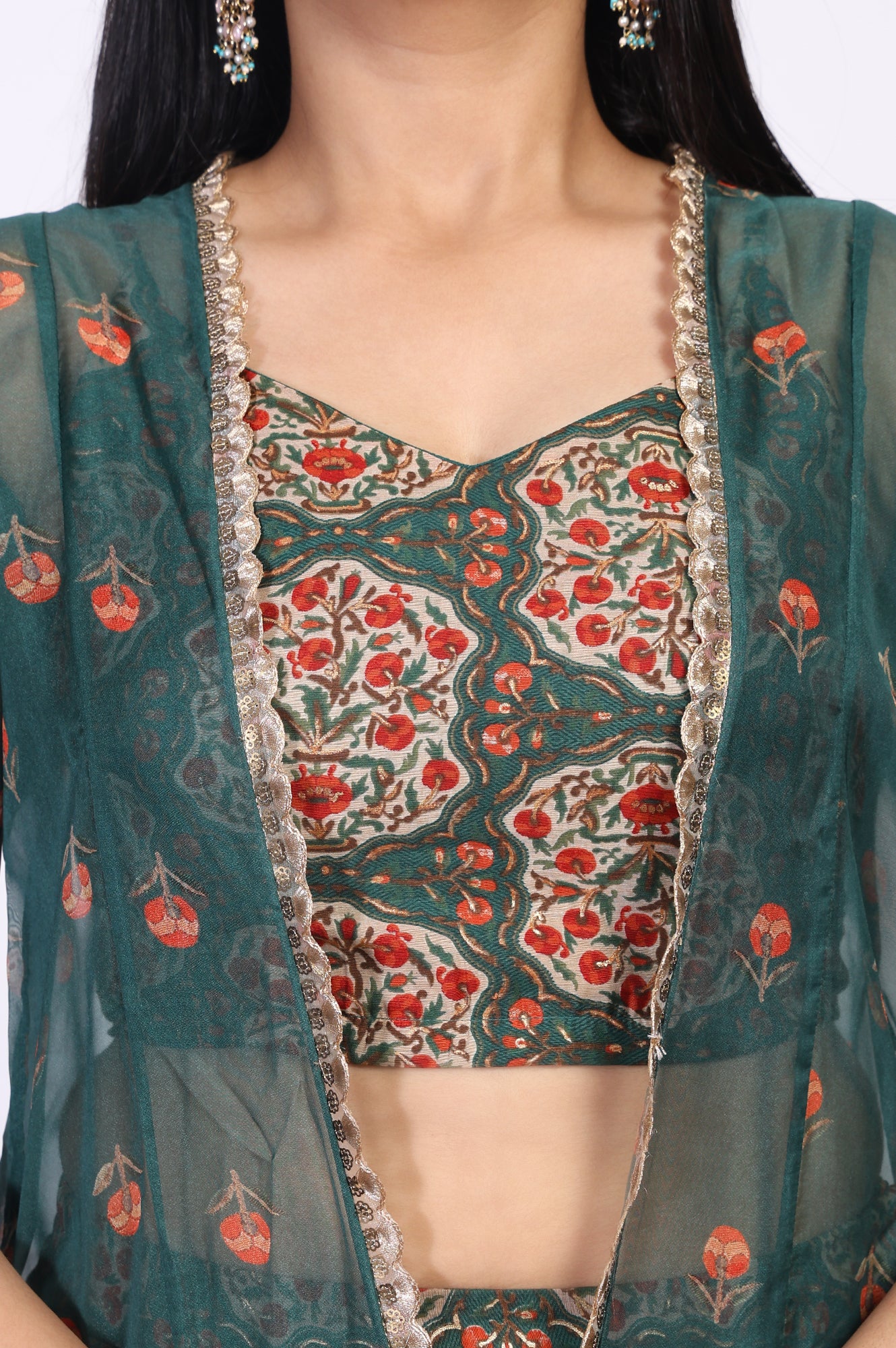 Green Floral Printed Lace Trim Organza Top with Skirt and Gillet Set - Image 3